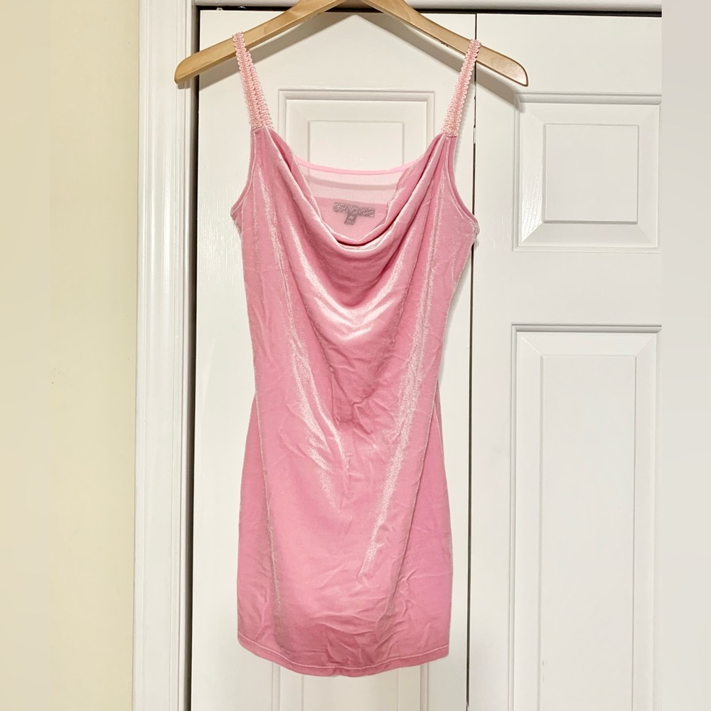 Dolls Kill NEW Pink Velour Cowl Neck Lace Strap Mini Dress M 4/6